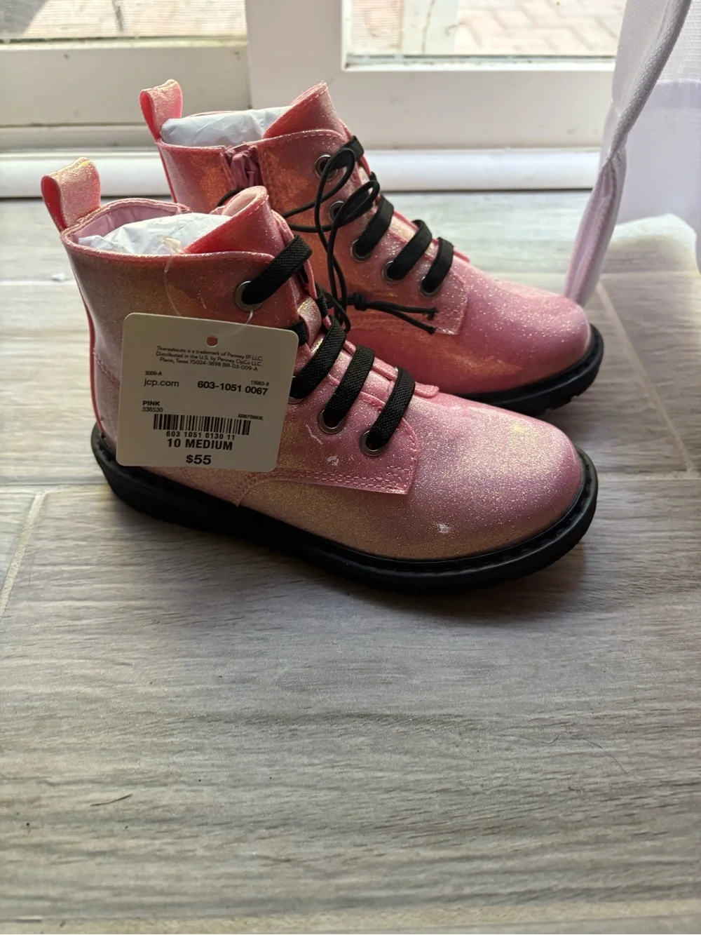 Girls' Shimmer Lace-Up Pink Ankle Boots with Side Zip
